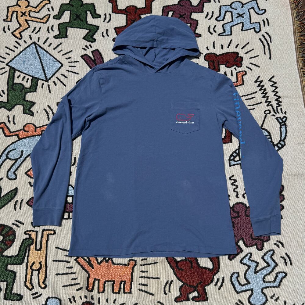 Blue Vineyard Vines Cotton Hooded Long Sleeve Pocket Graphic Tee